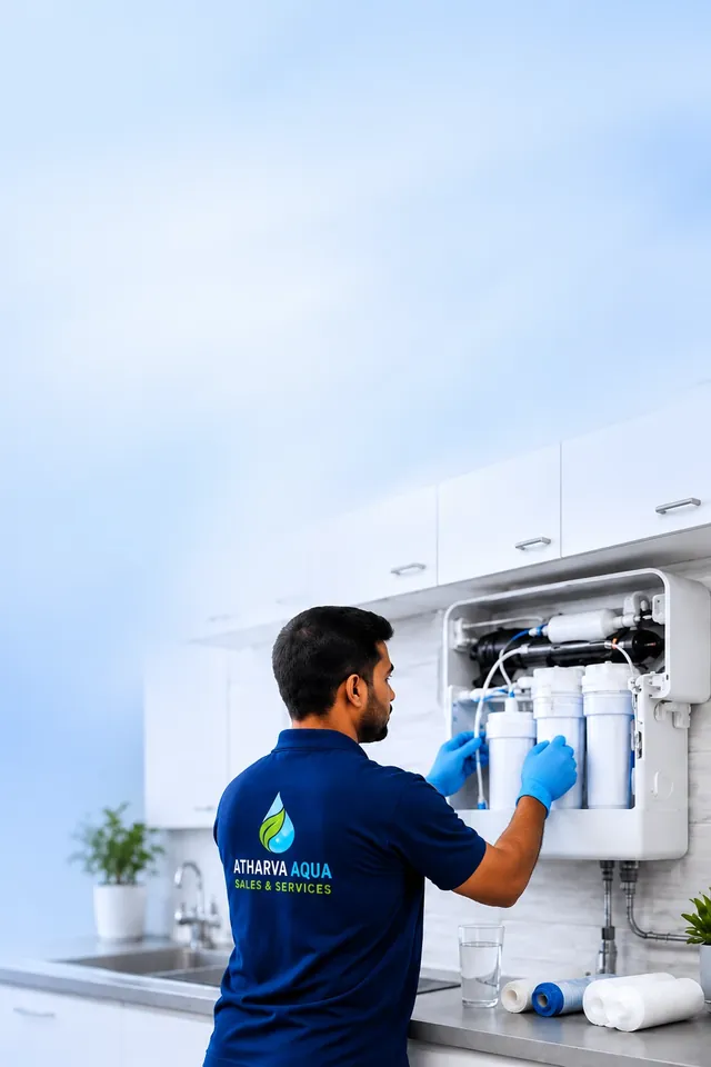 Atharva Aqua technician servicing a wall-mounted RO water purifier in a kitchen